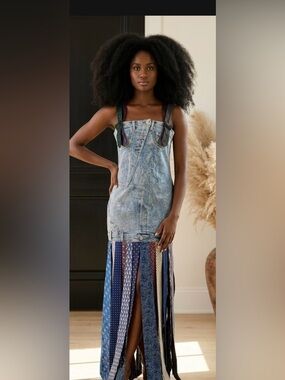 One of a kind Upcycled coated denim TIE dress size S